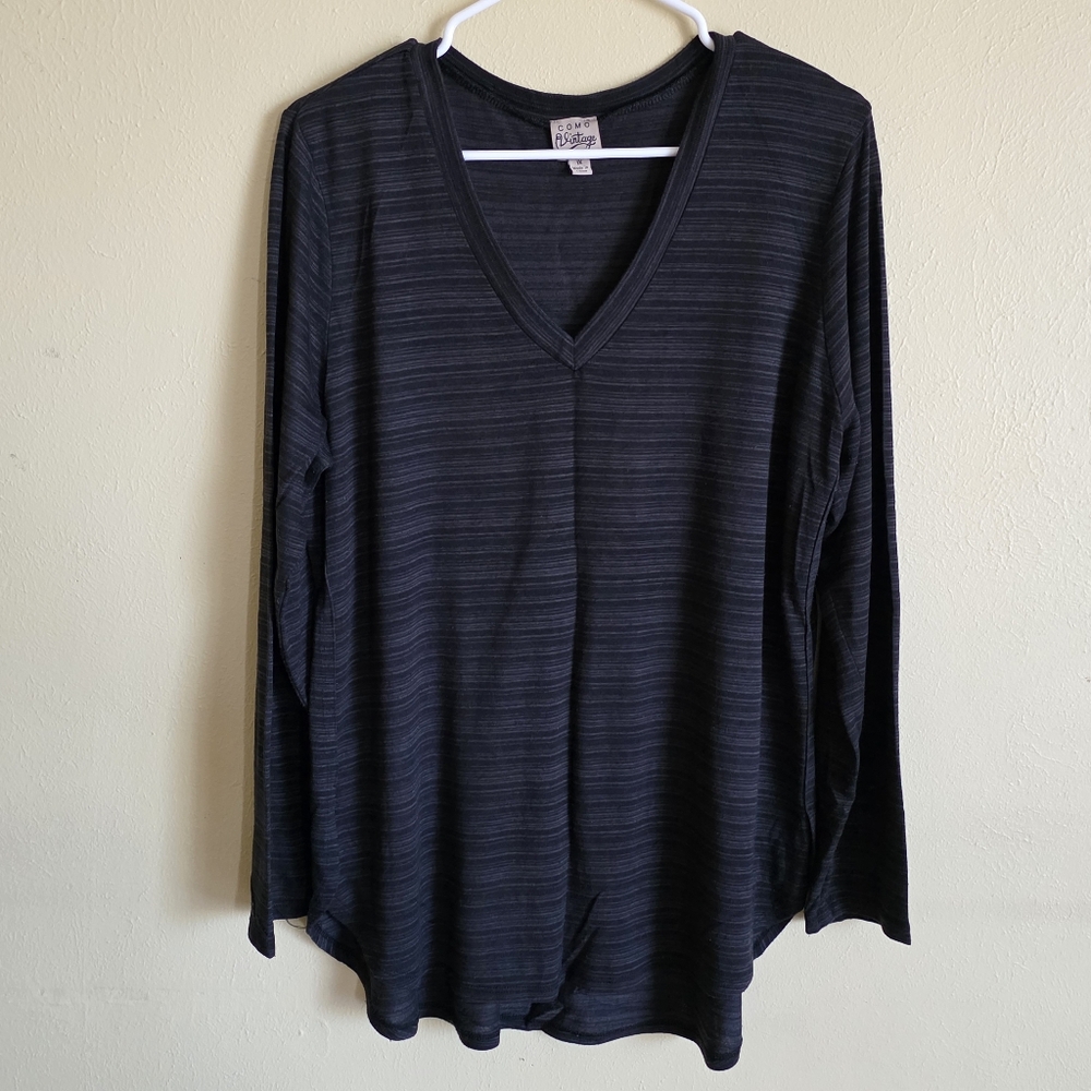 Como Vintage Charcoal Long Sleeve Striped V-neck Top